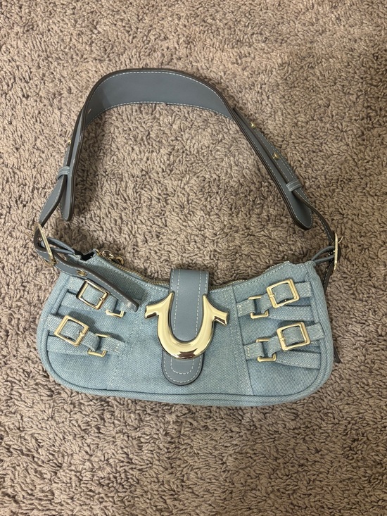 True Religion Handbags - True Religion Light Gray Denim Shoulder Bag with Gold Hardware
